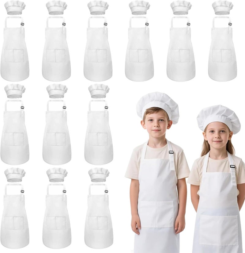 IAGBIBUI Kids Apron and Chef Hat Set, 24 Pieces Boys Girls Kids Apron with 2 Pockets Adjustable for Cooking Classroom Baking Painting, 6-13 Years, White - Image 1